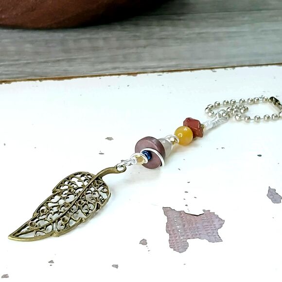 Bronze Leaf Beaded Keychain Bag Charm, Gemstone Accessories, 5" - Picture 1 of 3